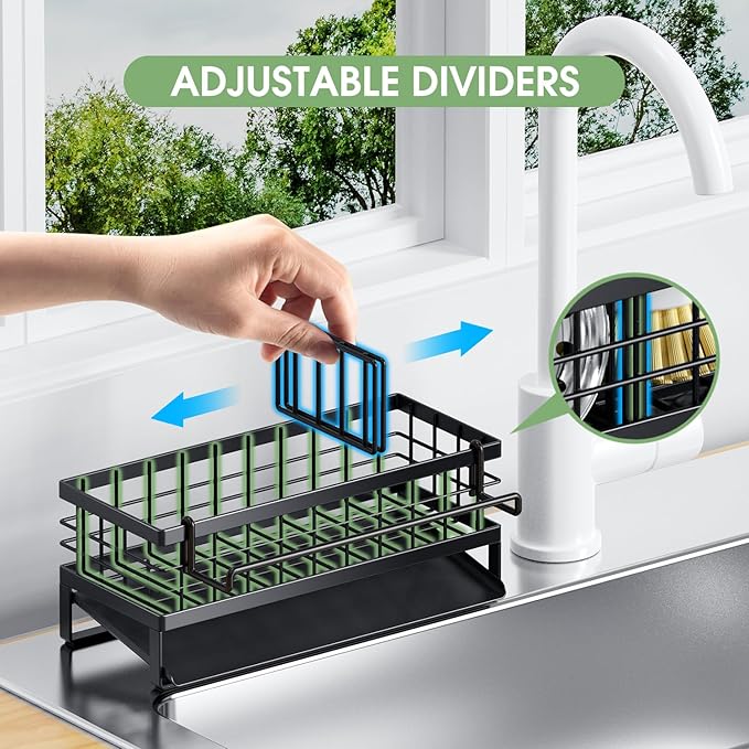 Self-Draining Kitchen Sink Caddy, Rustproof Non-Slip Sponge Holder with Detachable Dish Cloth Holder (Black)