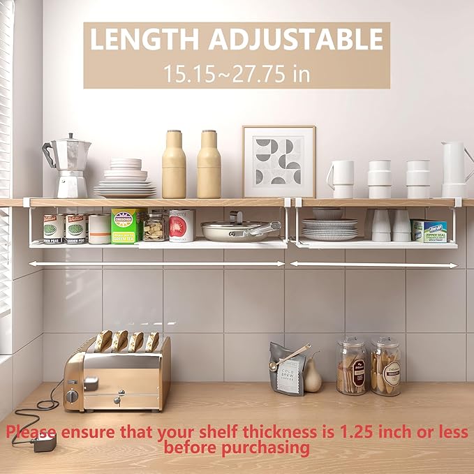 Expandable Under Cabinet Shelf, Extendable Under Shelf Storage with 1.25 Inches Thick Clips for Pantry Cabinet, Laundry Room, Shoe Rack.(White, 2 Pack, Interior: 3.66" H x 8.26" D)