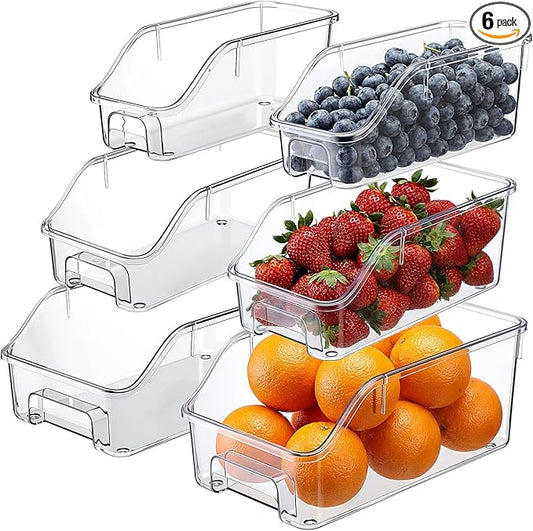 LemonRoad 6 Packs Clear Freezer Organizers and Storage Bins with Handle, Stackable Open Front Pantry Organizer Bins for Bathroom, Kitchen, Refrigerator, Pantry, Cabinet, Closet