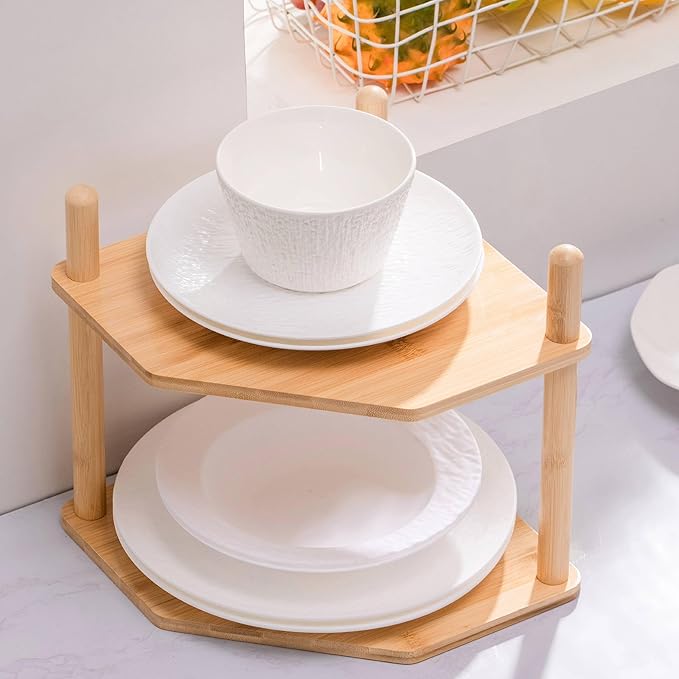 2 Pack 2-Tier Expandable Bamboo Corner Shelf - Dish/Plate Organizer for Cabinet, Kitchen Counter Shelf & Small Kitchen Shelf, Adjustable(2, 6.7" H)