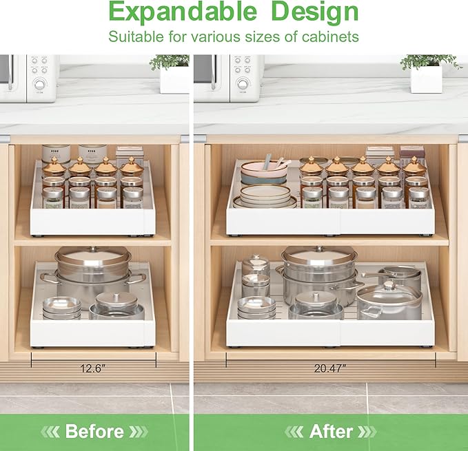 Expandable Pull-Out Cabinet Organizer - White, 16.54" D x Adjustable Width 12.6-20.47", No Drill Adhesive Installation with 3-Slide Rails for Kitchen Storage (2 Pack)