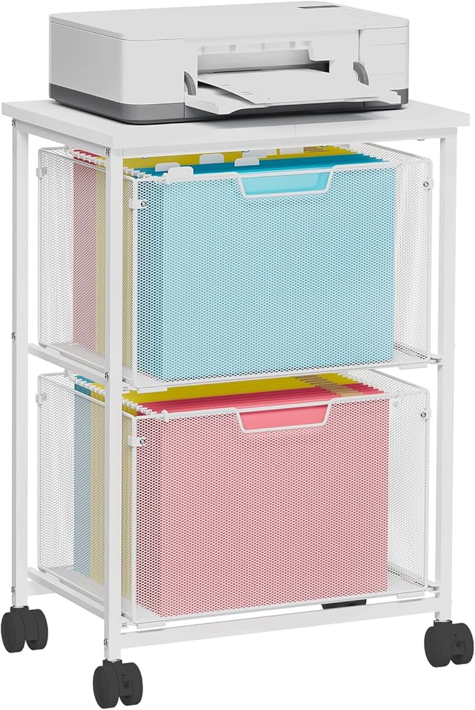 Letter/Legal Rolling File Cabinet, Rolling File Cart with 2 Drawers Filing Cabinet for Home Office, Hanging File Folders Organizer for Under Desk Storage, Mobile Printer Stand, White