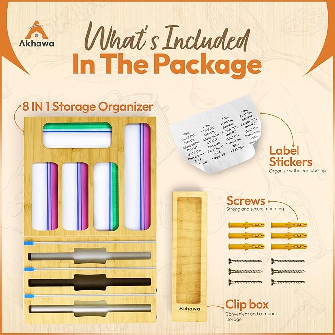 Storage Bag Organizer for Kitchen Drawer and Wall - 9 in 1 Baggie Organizer for Foil and Plastic Wrap with Cutter - Measure Drawer Height Before Purchasing