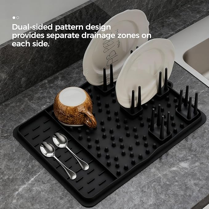 15.75"x11.18" Silicone Dish Drying Mat for Kitchen Counter, Quick Dry Dish Mat with Dish Rack and Dual-Sided Independent Zones, Multiple Usage Kitchen Mat with Hanging Hook for Home (Black)