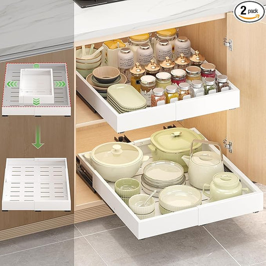 2 Pcs Pull Out Drawers for Cabinets Organizer Expandable Width(11.8"-19.4"), Depth(16.45"-21.7") With 3 Rails, No Drill Roll Out Drawer, Adhesive Sliding Drawers for Kitchen Pantry Storage Adjust