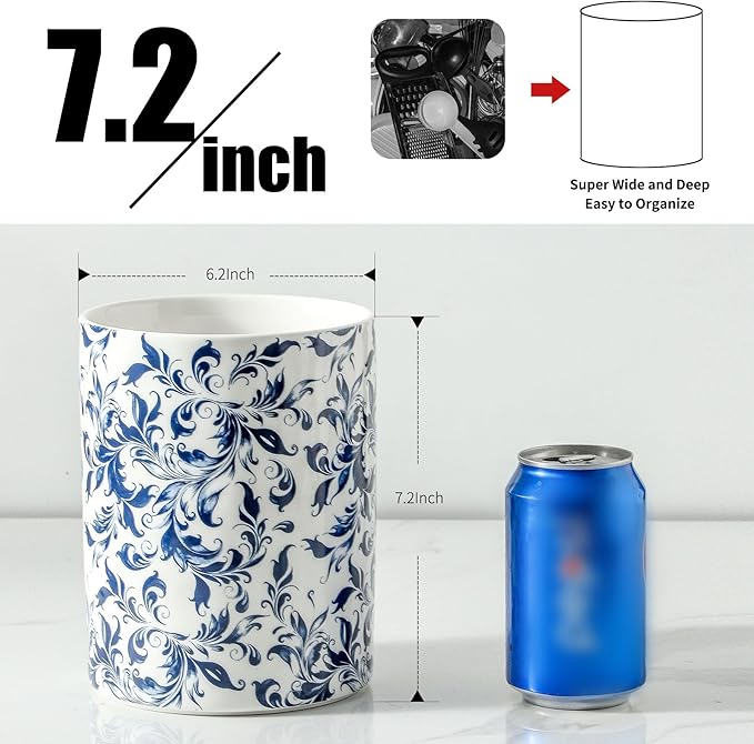 Kitchen Utensil Holder, Large Utensil Holders for Countertop, Blue and White utensil Crock for Tools, Ceramic Spatula Holder Kitchen Decor, Apartment Essentials（7.2in×6.2in）