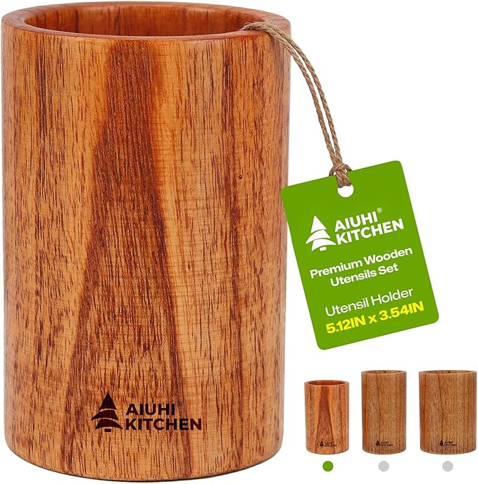 AIUHI Wood Utensil Holder for Kitchen Counter, Wooden Utensil Crock, Kitchen Utensil Organizer, 5.1"x 3.5" Large Spatula and Spoon Holders