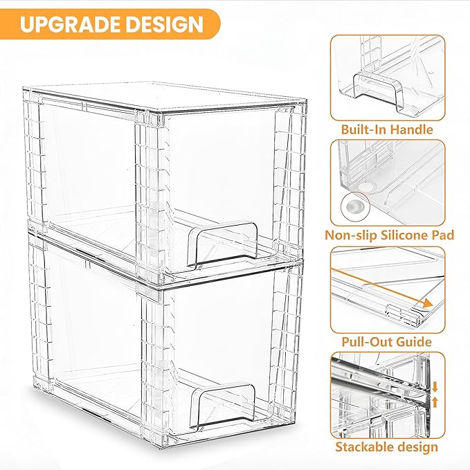 6 Pack Large Stackable Storage Drawers, Acrylic Bathroom Undersink Closet organizers and storage, Clear Plastic Bins for Pantry, Kitchen Cabinets, Makeup, Perfume, Baby Bottles, Medicine Organization