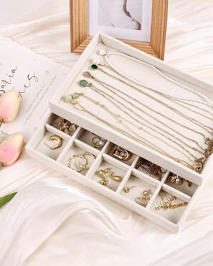 Stackable Jewelry Organizer Trays with Removable Dividers, 2-Tray Beige Jewelry Drawer Organizer Set for Earrings, Necklaces, Rings & Bracelets Gift for Her