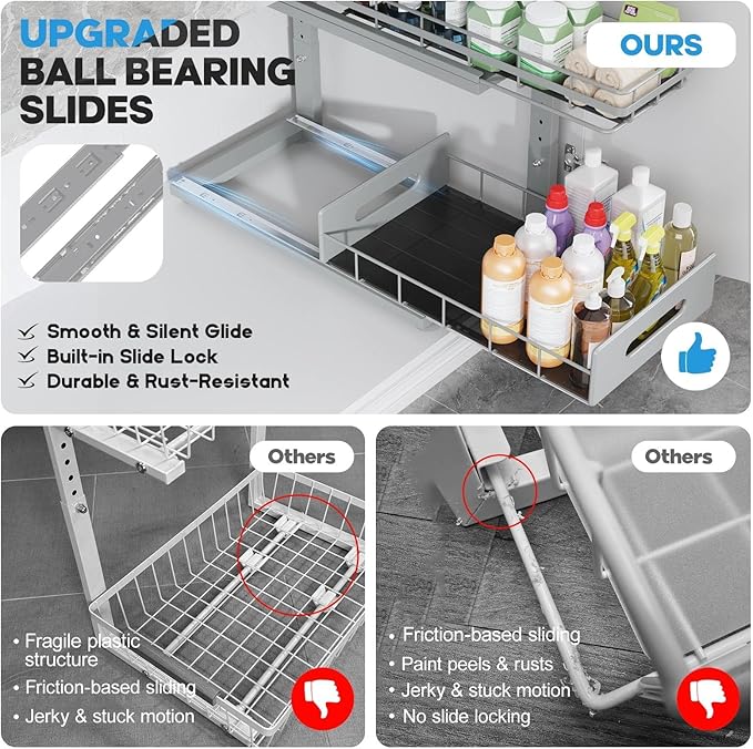 2 Pack 16.7 IN Depth Under Sink Organizer with Smooth Ball Bearing Slides,2-Tier Pull Out Cabinet Storage,Slide Out Drawers for Bathroom&Kitchen,Rust-resistant Coating,Height Adjustable-Gun Gray