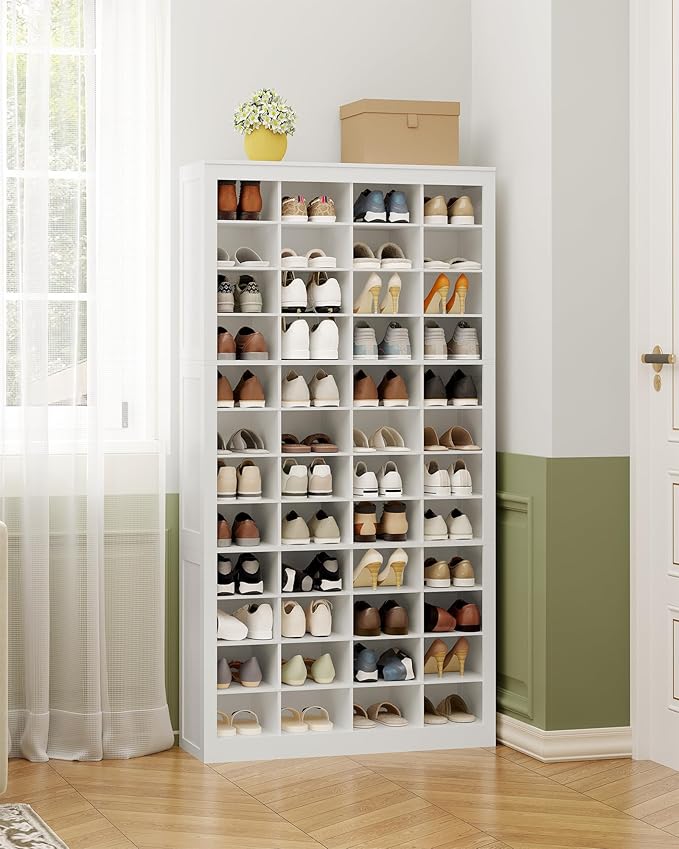 Shoe Storage Cabinet, 48 Pairs Free Standing Closet Organizer, 9 inch Widened Cell Wood Shoe Organizer, 12 Tiers Vertical Space Saving Shoe Rack for Entryway, Cloakroom, White SR39603X