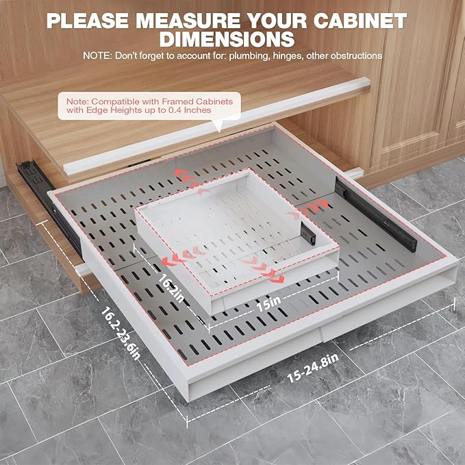 4 Pack Pull Out Cabinet Organizer Expandable Width (15"-24.8") & Depth (16.2"-23.6"), 3 Slide Rails Slide Out Drawers with Handle, Includes Raising Pad for Framed Cabinets, White