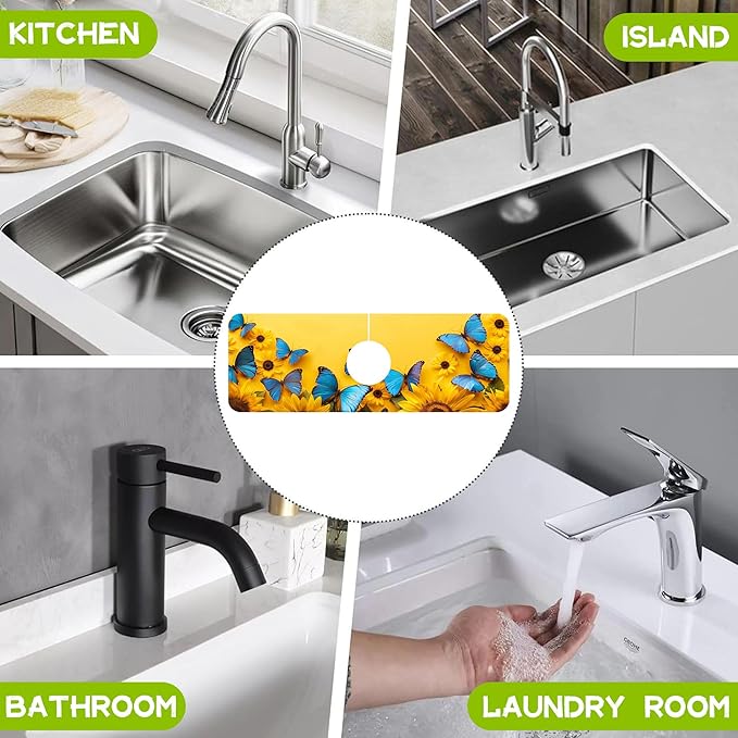 Kitchen Sink Splash Sunflowers and Blue Butterflies Guard Faucet Mat Super Absorbent Fast Drying Mat Guard Behind Faucet Drip Catcher for Kitchen Bathroom, 15.5"X5.5"