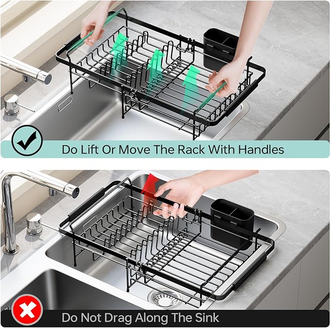 Dish Drying Rack in Sink - Expandable (14.5''-18''L) Over The Sink Dish Rack with Utensil Holder, Space-Saving Dish Drainer for Kitchen Counter, 1 Piece, Matte Black