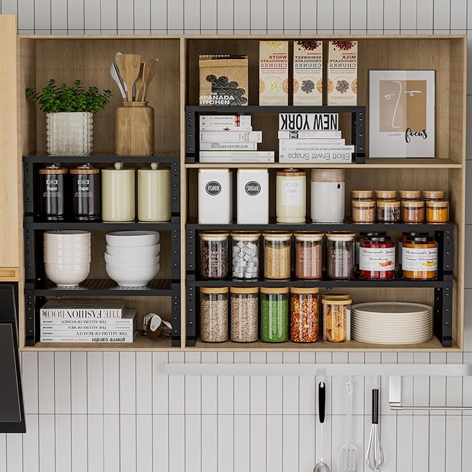 Flat Top Storage Rack - Expandable 16.5"~27" W Countertop Space Saver, Heavy-Duty Steel Construction, Powder Coated Finish for Kitchens, Bathrooms, Workshops or Offices