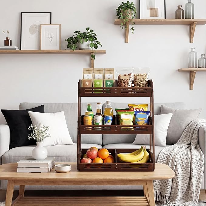 3 Tier Fruit Basket for Kitchen Counter Fruit Storage Large Wood Vegetables Basket with Banana Hooks Bowl Stand Holder Snack Organizer Countertop Onion Bread Pantry