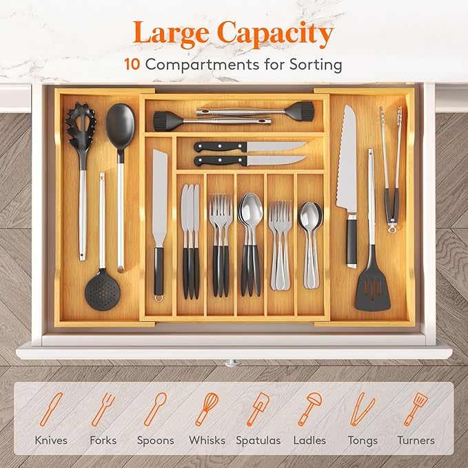Lifewit Silverware Drawer Organizer, Expandable Utensil Tray for Kitchen, Bamboo Flatware and Cutlery Holder, Wood Adjustable Storage for Spoons Forks Knives, 17- 28 x 18.5", Natural