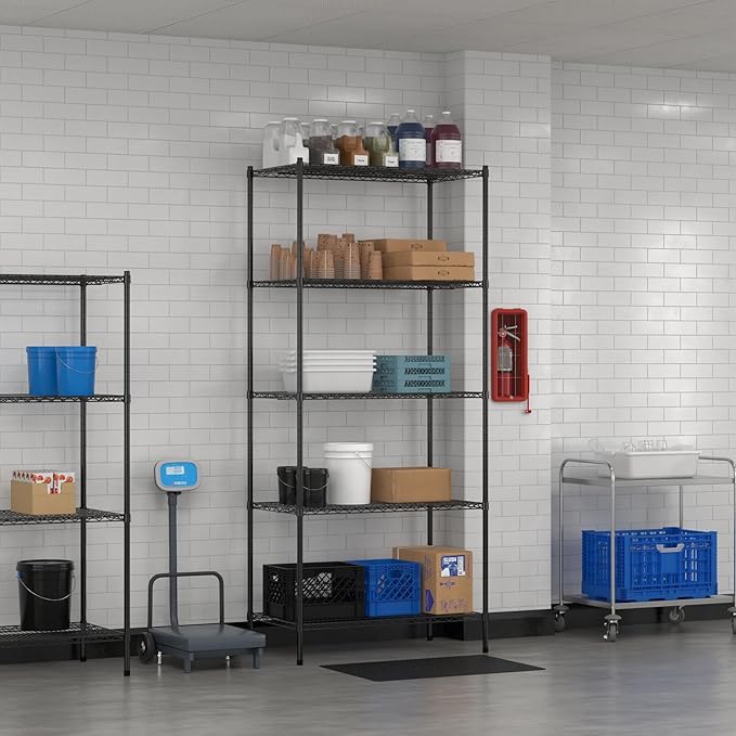 Commercial NSF Listed Black Epoxy Stationary Wire Shelving Kit 24" x 42" x 96", with 5 Shelves Perfect for Warehouse, Walk-in Refrigerator, Freezer, Grocery Store, Restaurant, Dishroom
