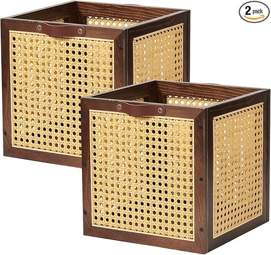2PCS Rattan Storage Cubes Wooden Storage Baskets Boxes Decorative Natural Handmade Bohemian Solid Wood Woven Wicker Cane Bin Closet Shelf Clothes Organizer Books Magazine Holder (Walnut)