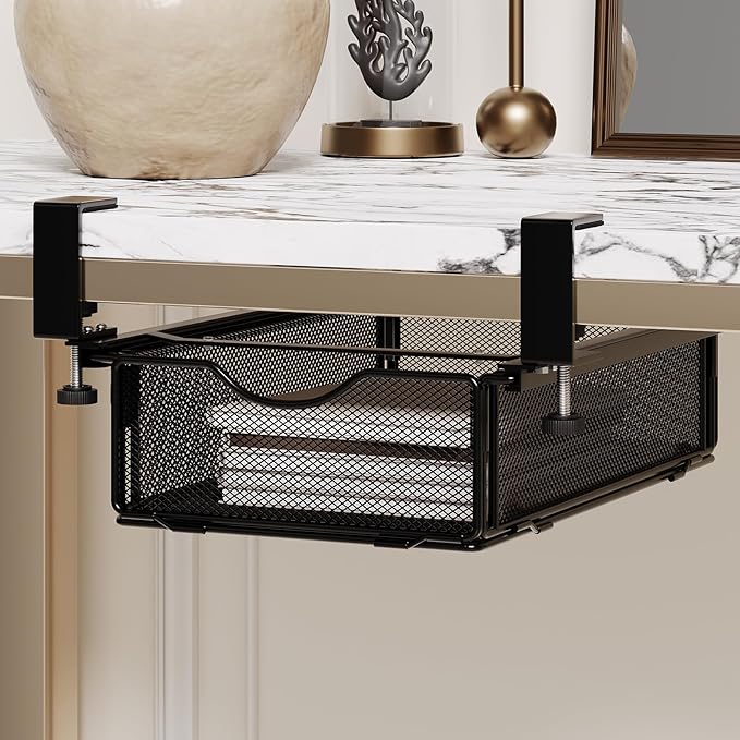 Under-Desk Drawer Slide Out Clamp-On-Desk Shelf for Office Supplies and Books Storage Metal Attachable Table Drawer Fit for Table Thickness 0.47-2.36in (Black, Normal)