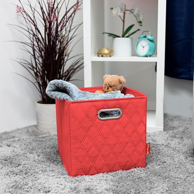 FH Group JIAessentials 13" Faux Leather Foldable Storage Cube Bins Set of 2 – Red Diamond Patterned Organizers with Handles for Closet & Shelves