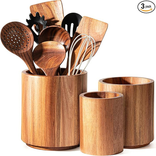 Criusia Utensil Holder 3 Pack, 360° Rotating Acacia Wood Cooking Utensil Crocks for Kitchen Counter, Farmhouse & Modern Decor, (1 Large, 1Medium, 1 Small)
