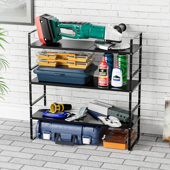 SANNO Expandable Kitchen Shelf Organizers, Stackable Cabinet Shelf Organizer Storage Rack, Countertop Organizer Kitchen Pantry Cupboard Pantry,Black, 10" W, 1 pack
