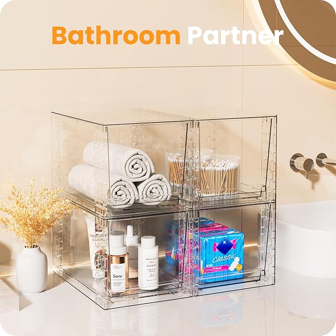A-LuGei 【𝟮𝗣𝗖𝗦】 Acrylic Stackable Storage Drawers, 11.8" L Makeup Organizer, Bathroom Organizer and, Under Sink Organizer, Plastic Storage Bins