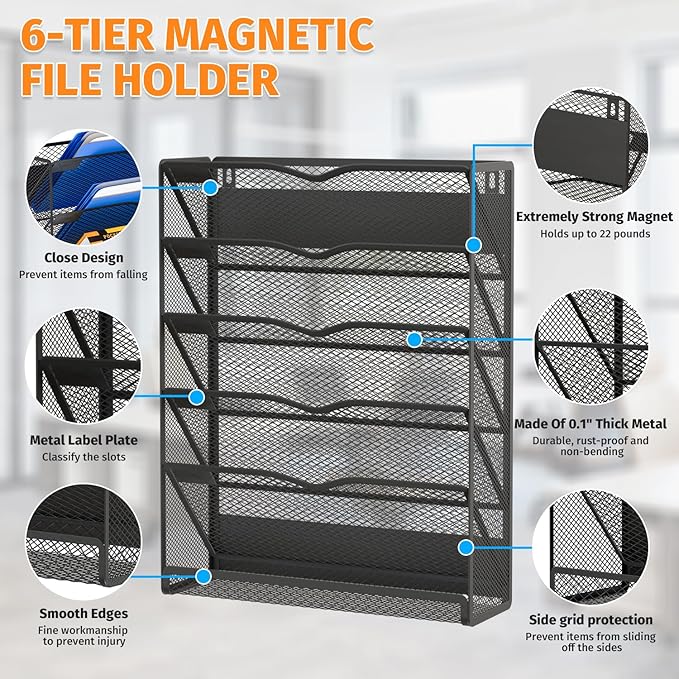 Mogbhw 6-Tier Magnetic File Holder, No Drilling Magnetic File Organizer Folder Holder, Black Hanging Magnetic Paper Holder for Refrigerator, Whiteboard, File Cabinets, Office, Kitchen (Black, 6-Tier)