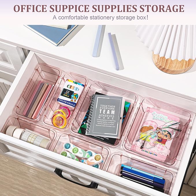 20 Pcs Adjustable Clear Drawer Organizer, All Extendable Vanity Storage Bins, Desk Drawer Organizer Set for Makeup, Cosmetics, Bedroom, and Gadgets, Pink
