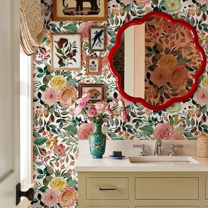 JiffDiff Floral Wallpaper Peel and Stick Removable Contact Paper Peony Roses Wallpaper Nursery Wall Decor (Camellia, 17.3" X 236.2")
