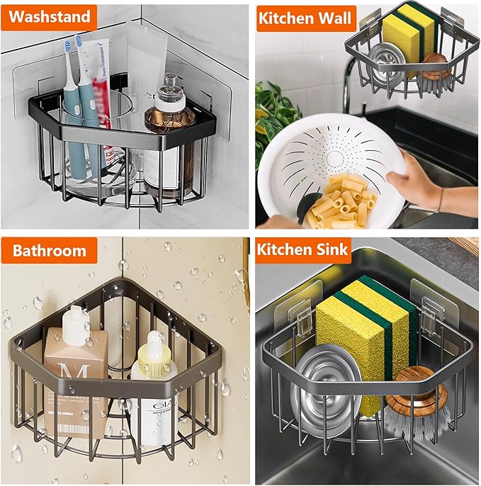 Sponge Holder for Corner Kitchen Sink, Adhesive Stainless Steel Kitchen Sink Organizer Caddy,Dish Cloth Hanger Sponge Holder Soap Storage Rack for Space-Saving Storage(not for Rounded)