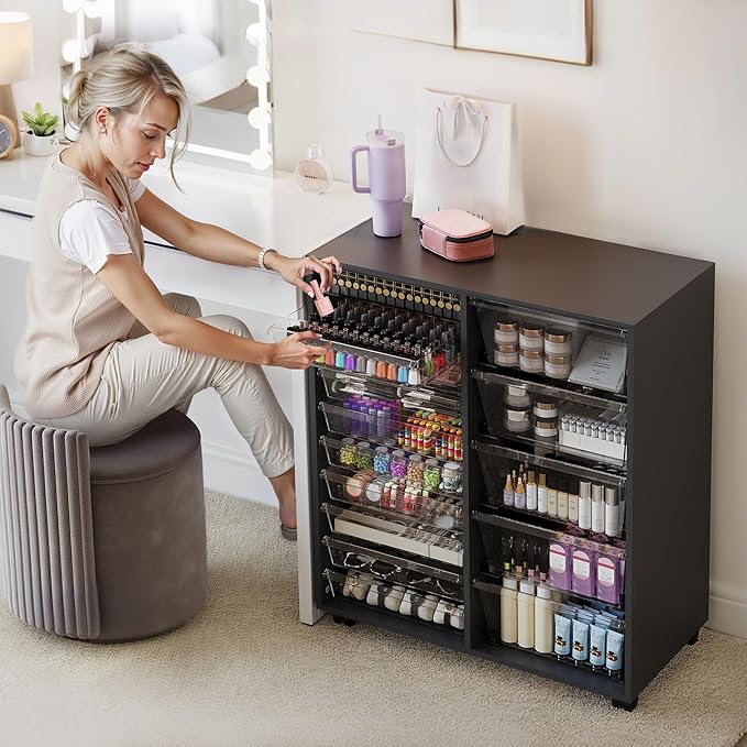 WOPITUES Rolling Cart with Wooden Tabletop, Mobile Storage Cabinet with 15 Clear Drawers, Craft Cabinet with 5 Large Drawers, Printer Stand Home Office, Black Dresser Chest