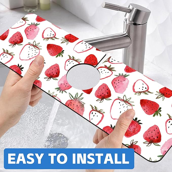 Watercolor Strawberry Kitchen Sink Splash Guard Mat Absorbent Fast Drying Mat Faucet Draining Mat Sink Splash Guard Behind Faucet Drip Catcher for Kitchen Bathroom 5.5"×15"