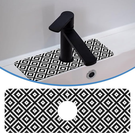 White Geometric Tile Faucet Mat Splash Guard Stylish Texture Rhombu, Soft Diatom Mud Material, Strong Water Absorption, Non-slip,Easy to Clean for Bathroom, Kitchen 15"X5.5"