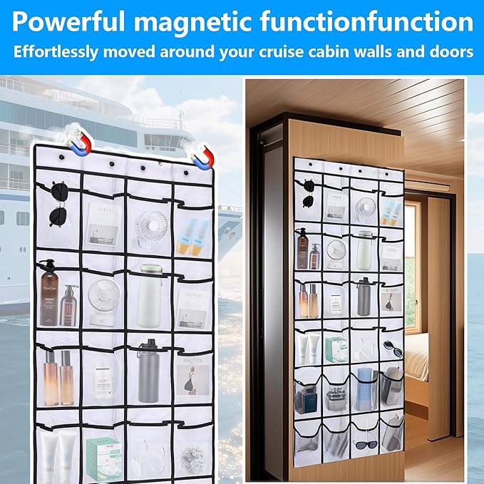 Magnetic Door Organizer with Hooks, 24 Mesh Pockets, Over Door Storage Solution, White, 55x21 Inch, Magnetic Shoe Rack Holder for Cruise Ship Cabins