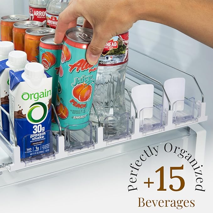 Drink Organizer for Fridge 5-Pack, Spring-Loaded Self-Advancing Can & Bottle Dispenser, Refrigerator Soda/Beer Can Organizer Rack for Water & Energy Drinks, Space-Saving, White
