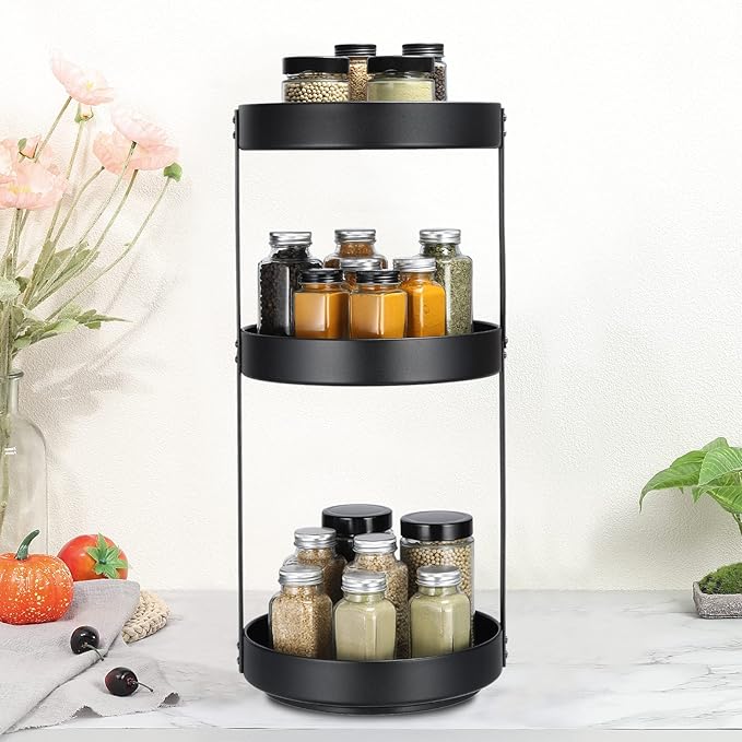 uxcell 3 Tier Lazy Susan Turntable, 10inch Metal Spice Rack Organizer for Kitchen Countertop Vertical Storage Rack Self Black