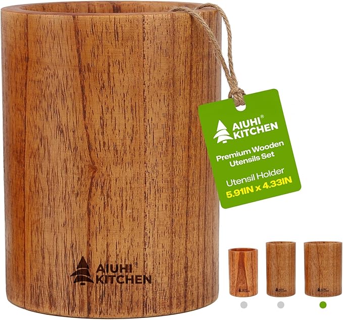 AIUHI Wood Utensil Holder for Kitchen Counter, Wooden Utensil Crock, Kitchen Utensil Organizer, 5.9"x 4.3" Large Spatula and Spoon Holders