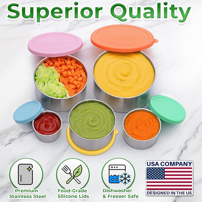 EcoEarth - Stainless Steel Food Storage Containers with Silicone Lids - Stackable Set of 5, Round Nesting Sizes - Meal Prep & Snack Lunch Box Supplies - Plastic Free, Airtight & Leakproof for Travel