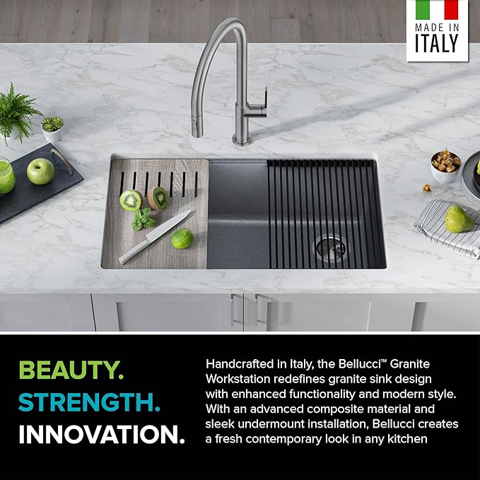 KRAUS Kitchen Sink Bellucci 32” Undermount Workstation Granite, Metallic Gray, Accessories, KGUW2-33MGR