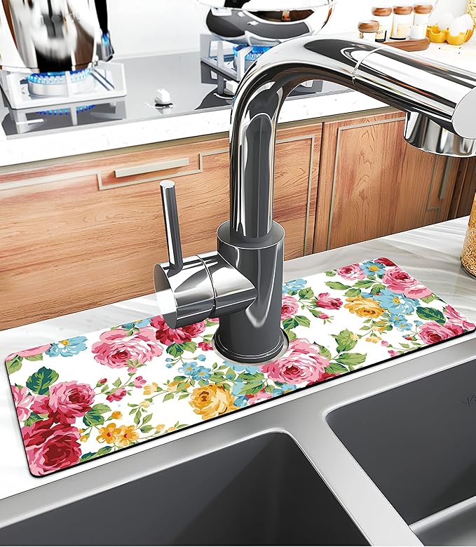 Kitchen Sink Splash Guard Faucet Mat Super Absorbent Fast Drying Mat Sink Gadgets Splash Guard Behind Faucet Drip Catcher for Kitchen (Pink Red Roses Floral, 15x5.5in)