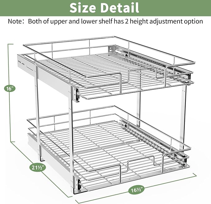 ROOMTEC Pull Out Cabinet Organizer (16½"W x 21½"D),2 Tier Pull Out Storage Shelf Drawer Basket,Sliding Shelves for Base Cabinet Organization in Kitchen, Bathroom, Pantry