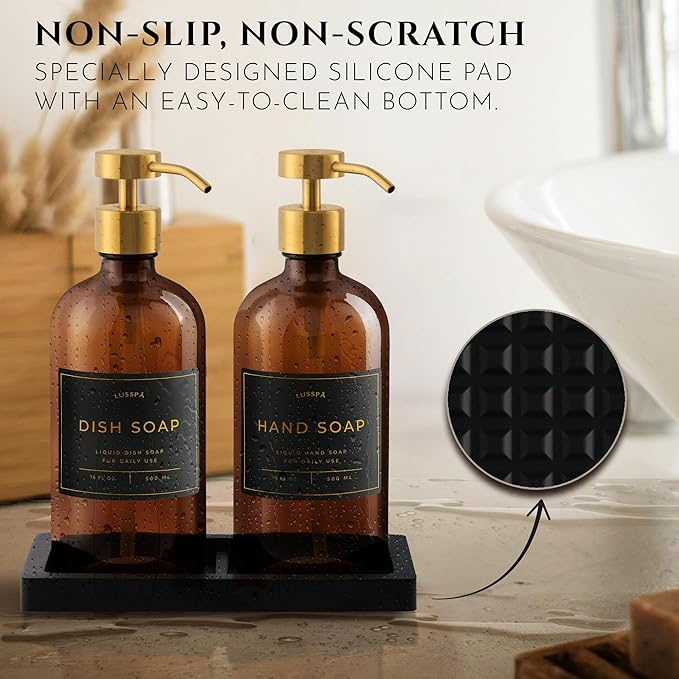 Lotion, Hand & Dish Soap Dispenser for Kitchen & Bathroom | Soap Dispenser Set of 2 16.8 Oz Glass Bottles with Stainless Steel Pump, 15 Water Proof Labels & Silicon Tray (Amber/Gold)