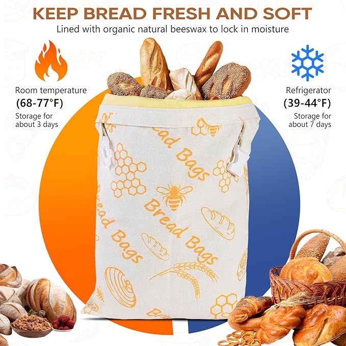 Beeswax Bread Bags for Sourdough 17in*12in Sealed Bag Reusable Cotton Beeswax Bag for Homemade Bread Freezer-Friendly Freshness Preservation with Snap Closure 2 Pack (Orange Pattern)