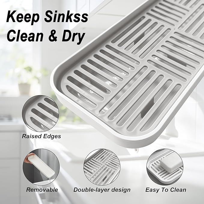 WUCYLKA Kitchen Sink Organizer Sink Caddy, Plastic Sponge & Soap Holder with Double-Layer Drain Rack – Countertop Sink Tray for Sponge, Soap, Dish Brush, Cup, and Wire ScrubberGrey