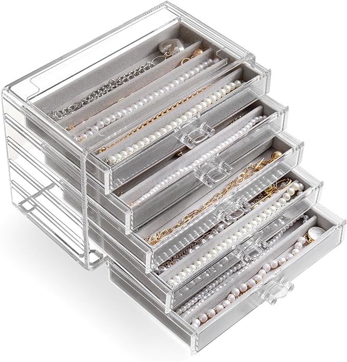 Necklace Holder Organizer, Dustproof Necklace Box Velvet Necklace Organizer Box with Lid Clear Acrylic Dustproof Stackable Jewelry Displays for Necklaces Chain Display (Gray, 5 Drawer)