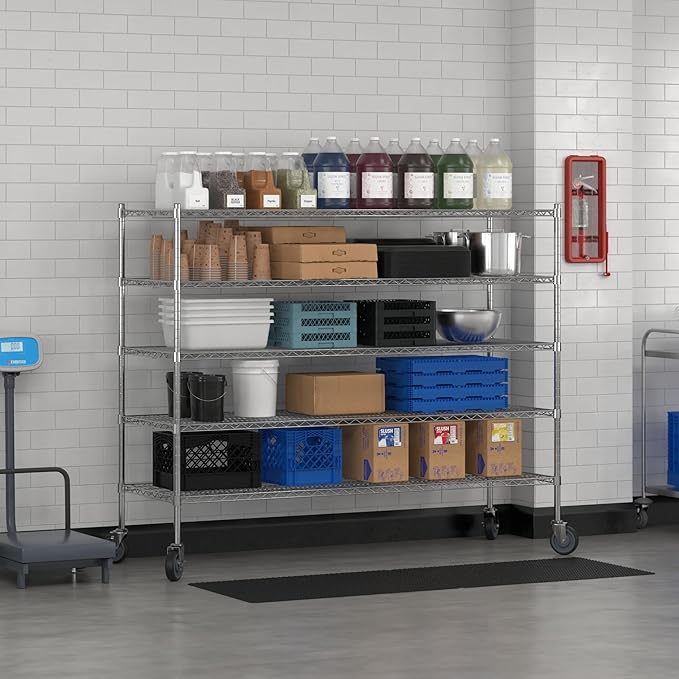 Commercial NSF Listed Chrome Mobile Wire Shelving Kit 24" x 72" x 60", with 5 Shelves Perfect for Warehouse, Walk-in Refrigerator, Freezer, Grocery Store, Restaurant, Dishroom