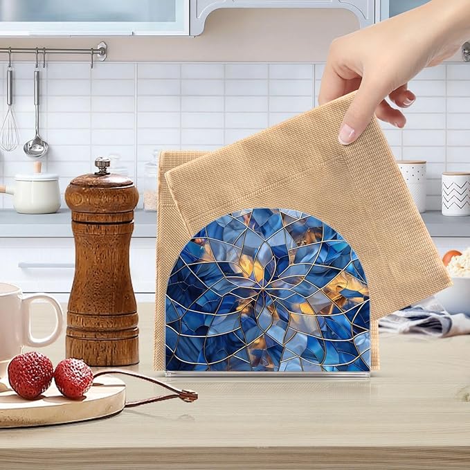 Stained Glass Blue Pattern Napkin Holder for Table Paper Napkins Holder Acrylic Tissue Dispenser Kitchen Dining Room Bathroom Party Car Decor