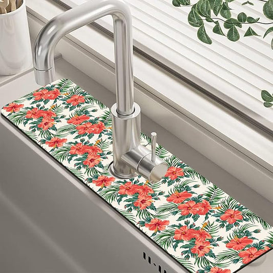 Tropical Leaves and Red Floral Kitchen Sink Splash Guard Mat Absorbent Fast Drying Mat Faucet Draining Mat Sink Splash Guard Behind Faucet Drip Catcher for Kitchen Bathroom 5.5"×24"